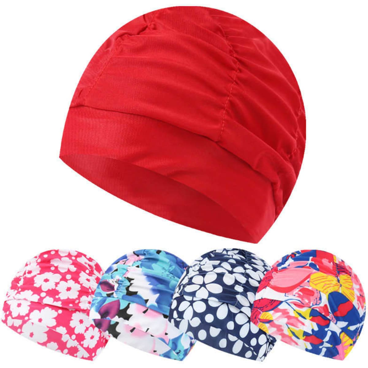 A pleated long hair swimming cap in red, accompanied by floral and patterned designs in various colours.