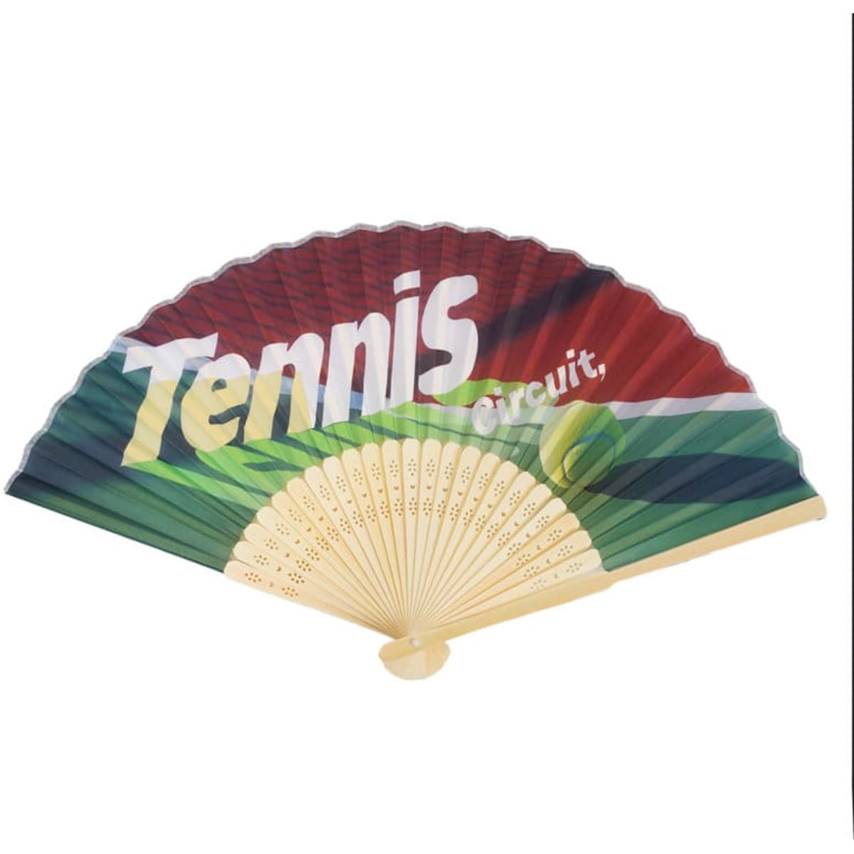 A custom bamboo hand fan featuring a vibrant red, green, and yellow design with tennis graphics and a logo.