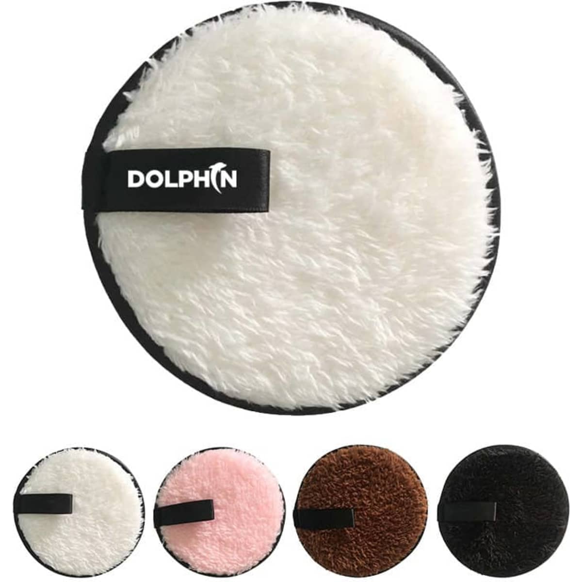 A round reusable makeup remover pad in white with a black band, surrounded by pink, brown, and black variants.