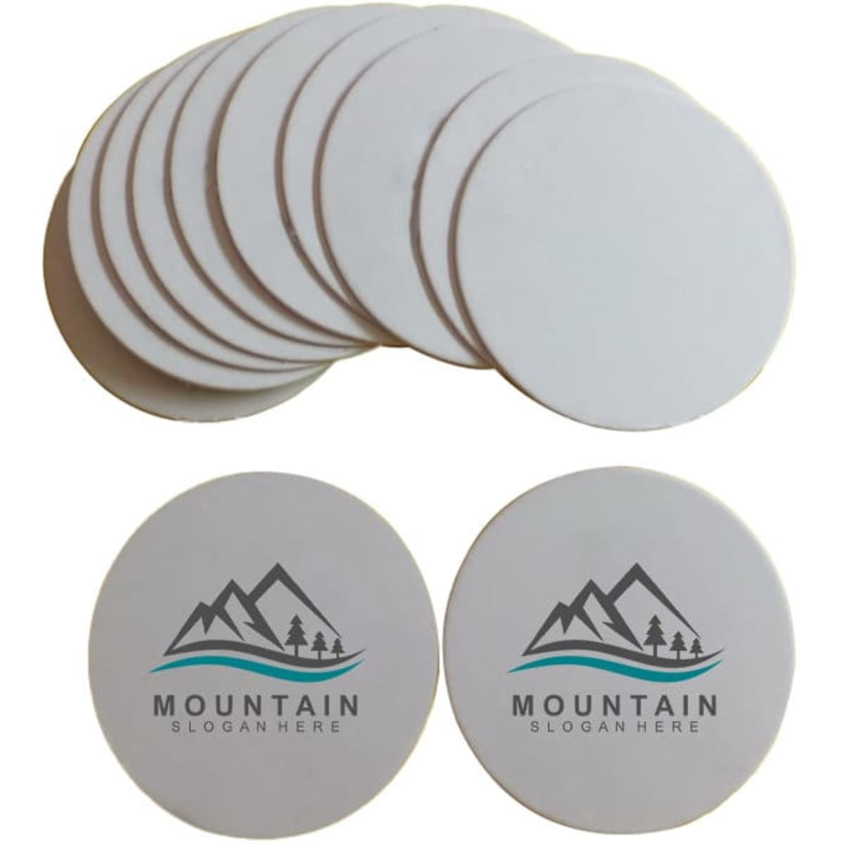 A stack of white custom disposable absorbent paper coasters, featuring a logo with mountains and text.
