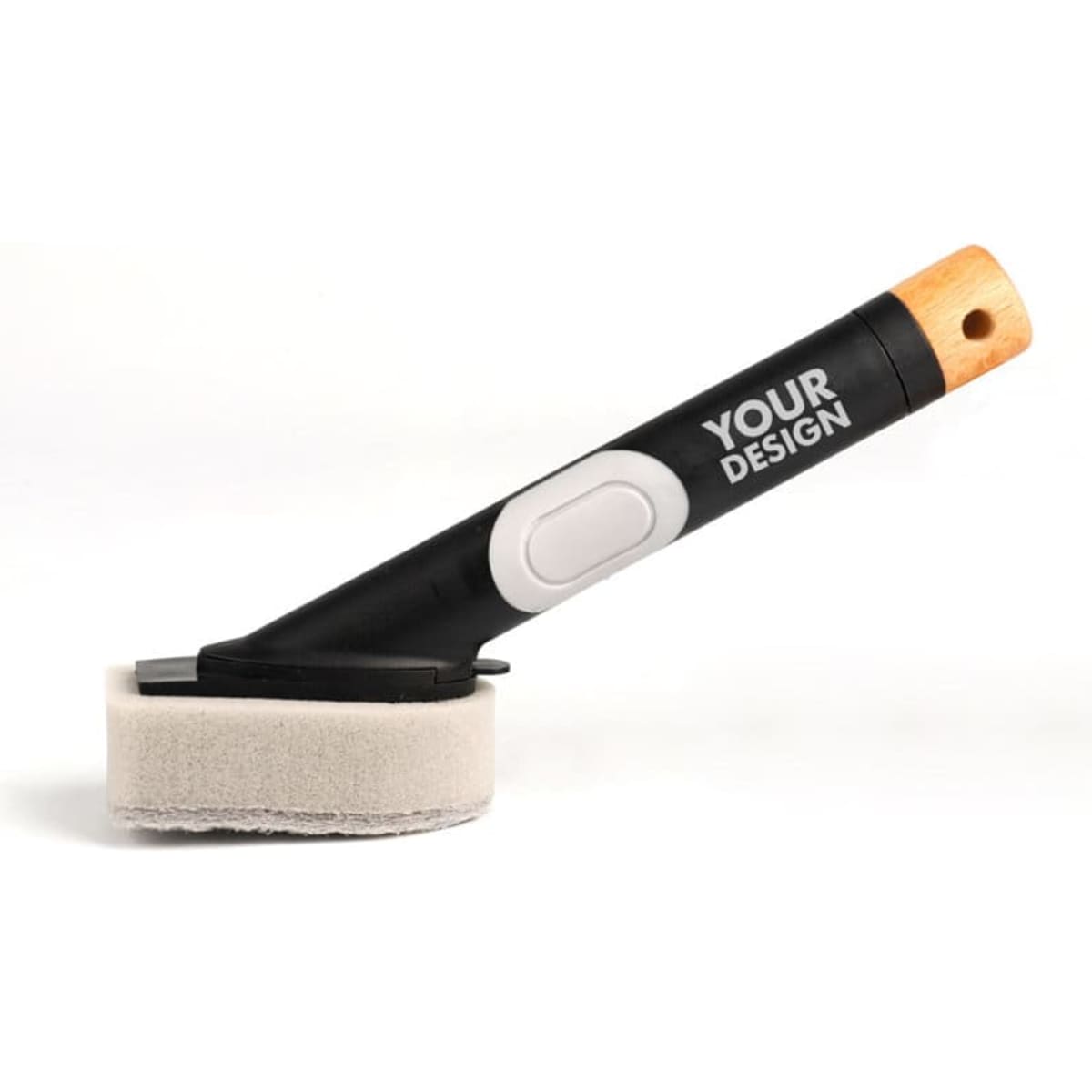 A soap sponge brush with a black handle and a wooden accent, featuring a grey sponge head. It has a logo.