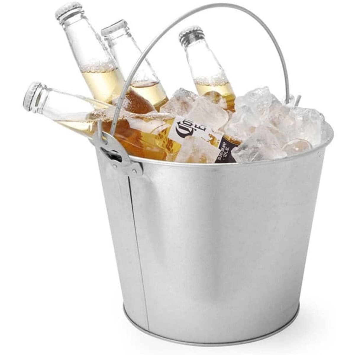 A metal ice bucket filled with ice and several glass bottles, showcasing a silver colour. It includes a handle for carrying.