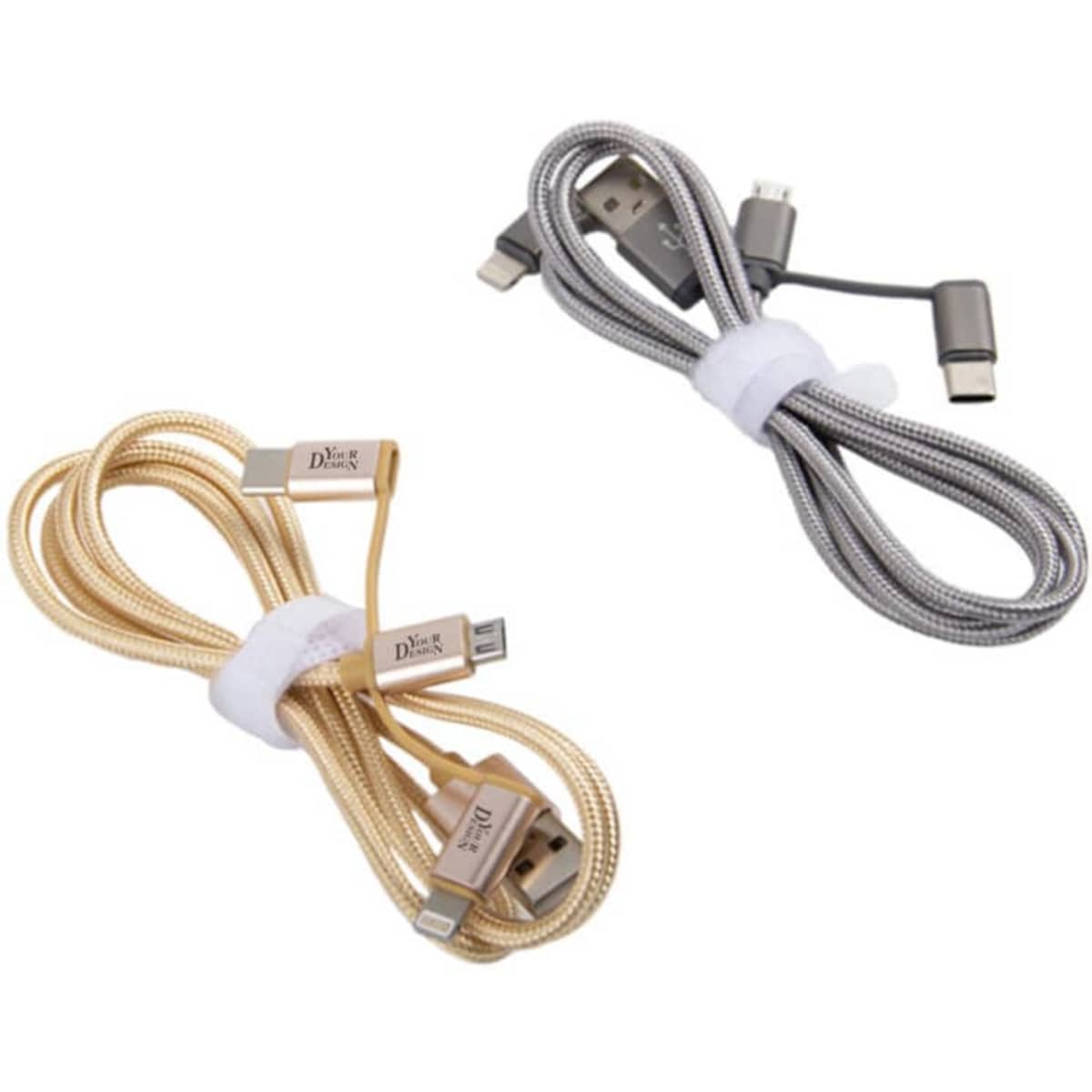 A set of two 3 in 1 USB charging cables in gold and silver with braided exteriors and attached ties for organization.