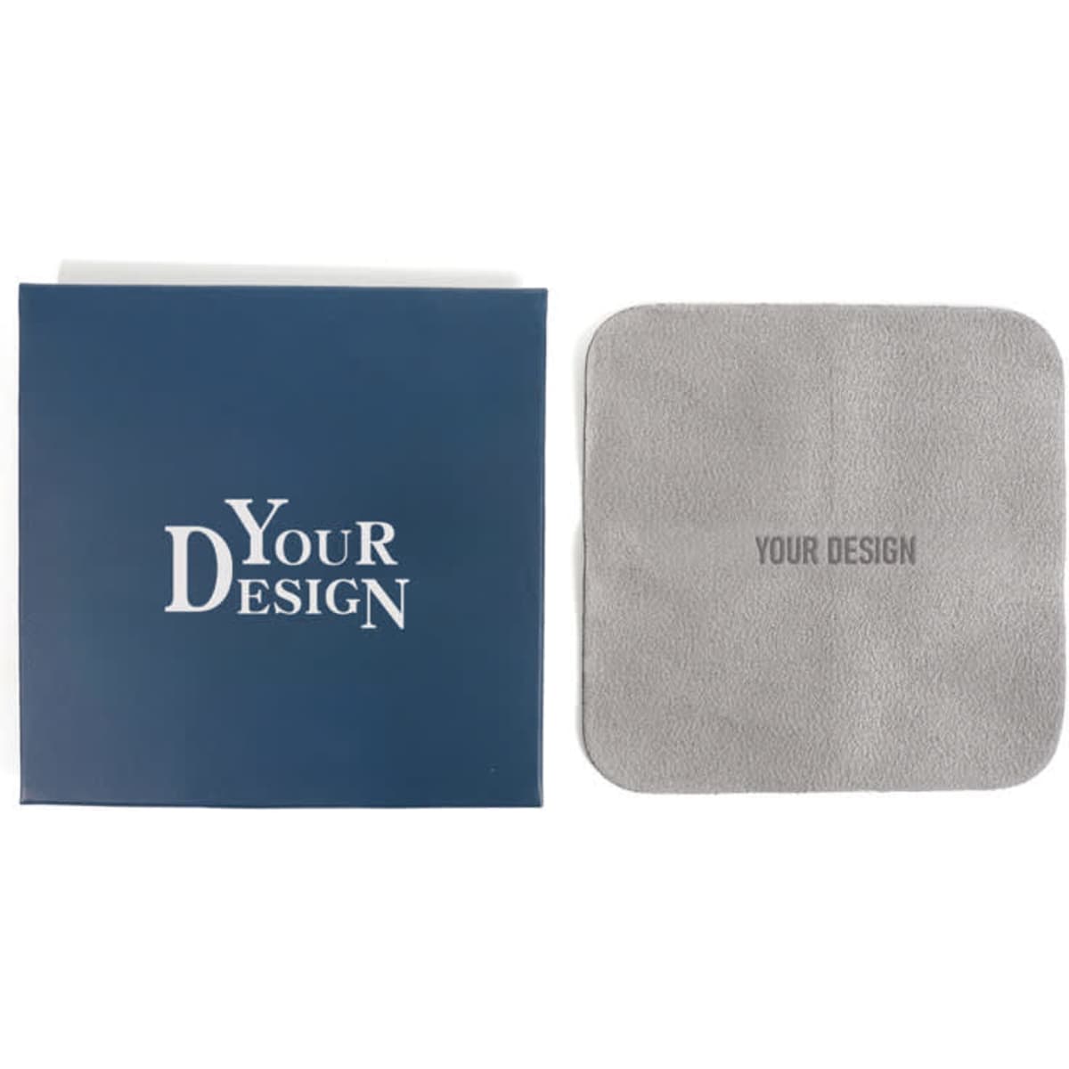 A grey microfiber eyeglasses wipe displayed next to a blue packaging with a logo.