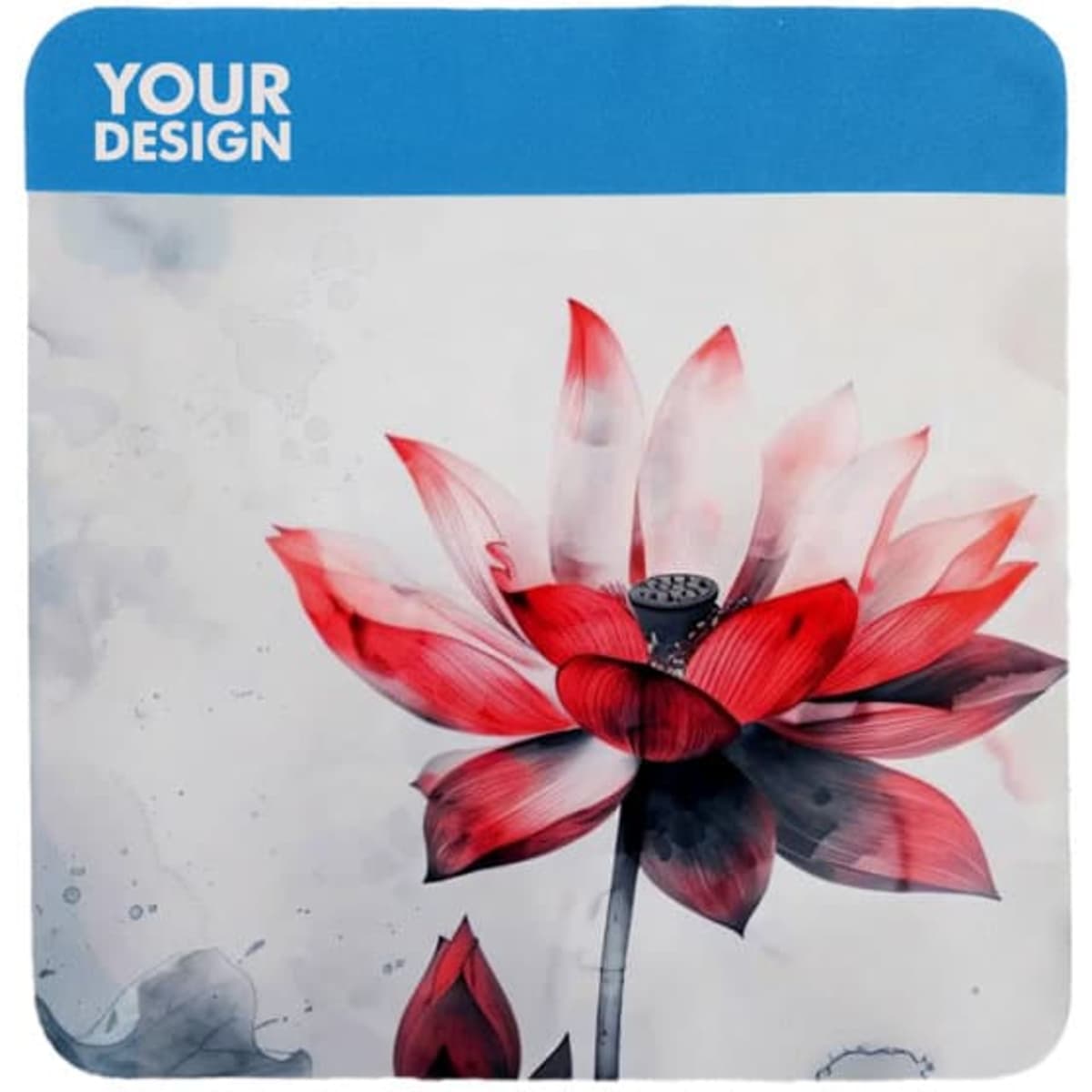A custom eye glasses cleaning cloth featuring a vibrant pink and red lotus flower design with a blue header.