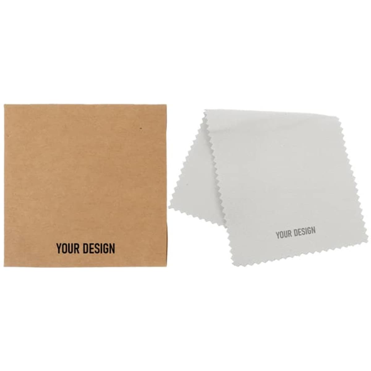A customised eyeglass cleaning cloth in white, folded and displayed with a brown packaging. Features space for personal design.