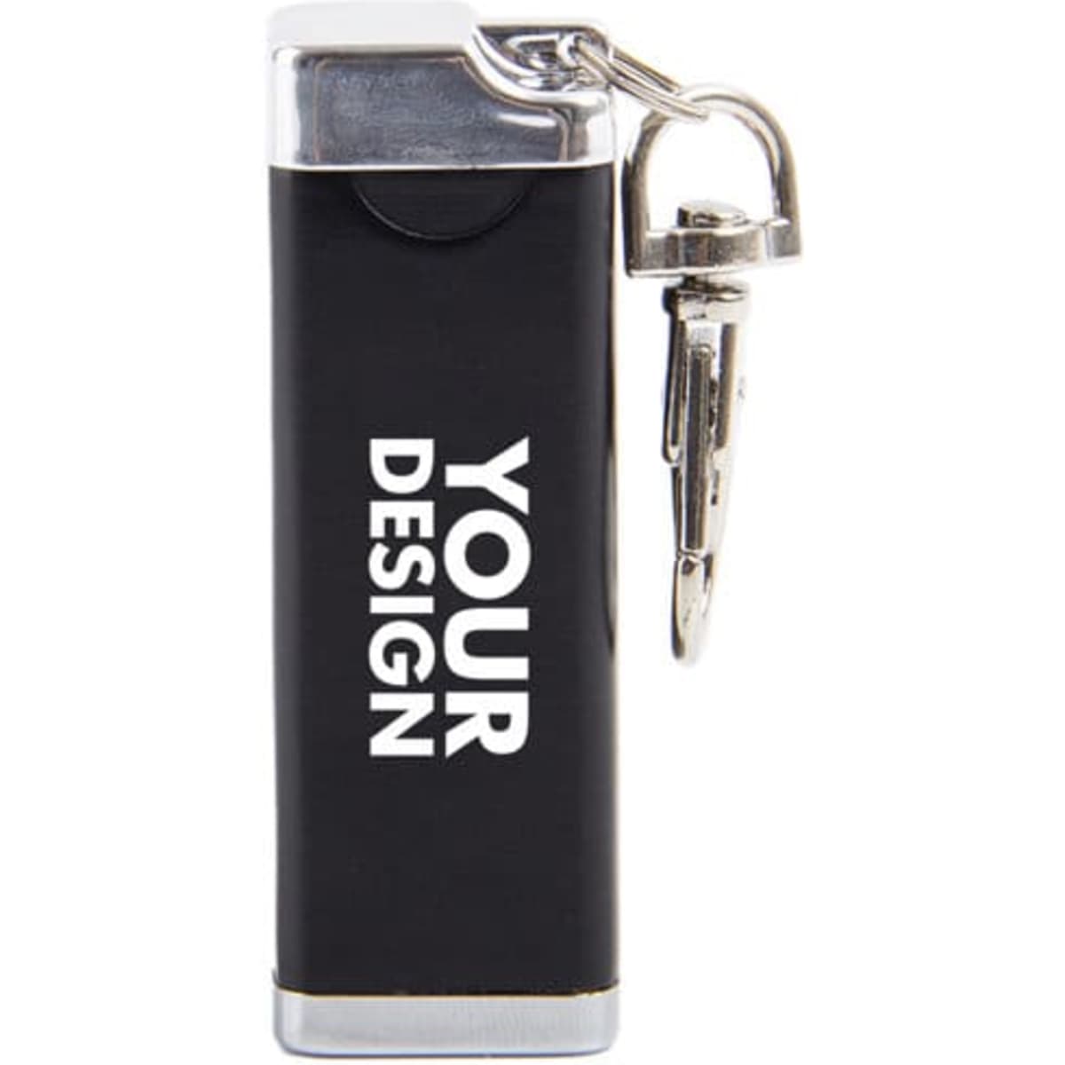 A cylindrical portable pocket ashtray in black with a keychain attachment and a silver finish.