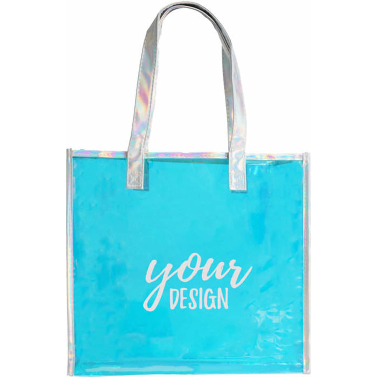 A transparent iridescent handbag in turquoise, featuring silver handles and a logo.