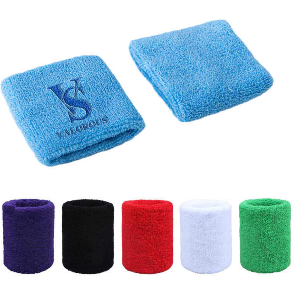 Two terry cloth cotton sport wristbands in blue, black, red, white, green, and purple, featuring a logo.