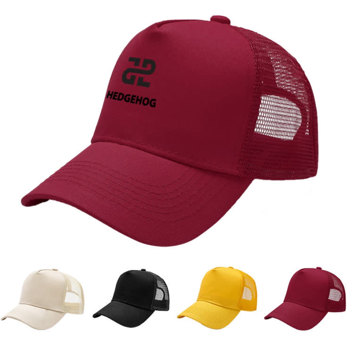 A maroon custom mesh back baseball cap with a logo, displayed alongside caps in beige, black, and yellow.