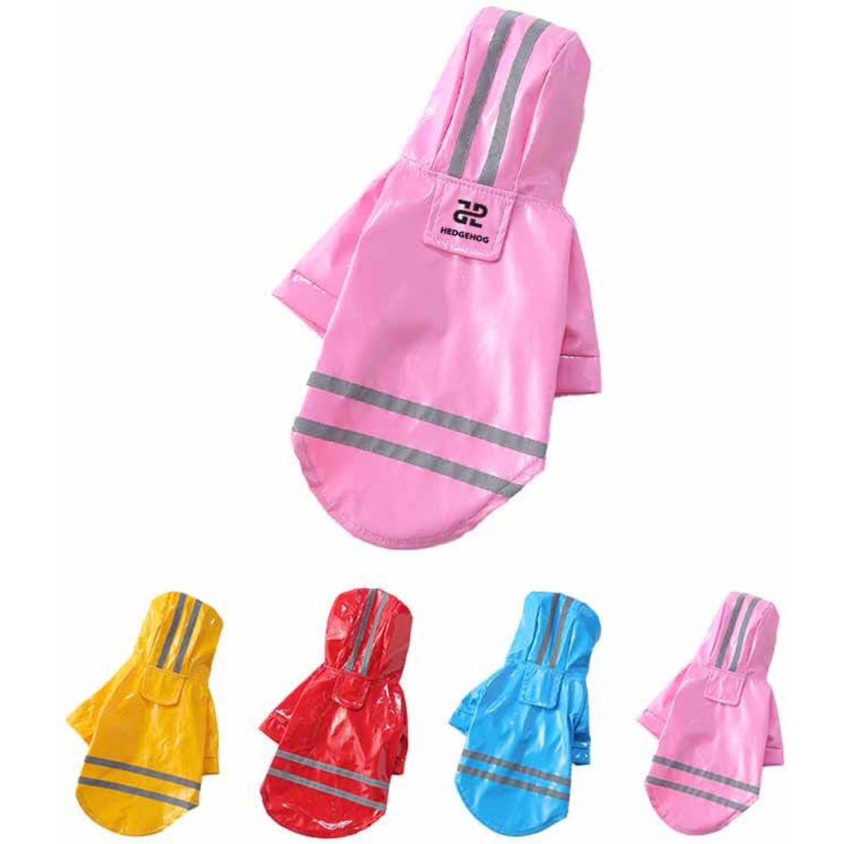 A pink reflective pet raincoat with additional jackets in yellow, red, and blue. The coat features reflective stripes and a logo.