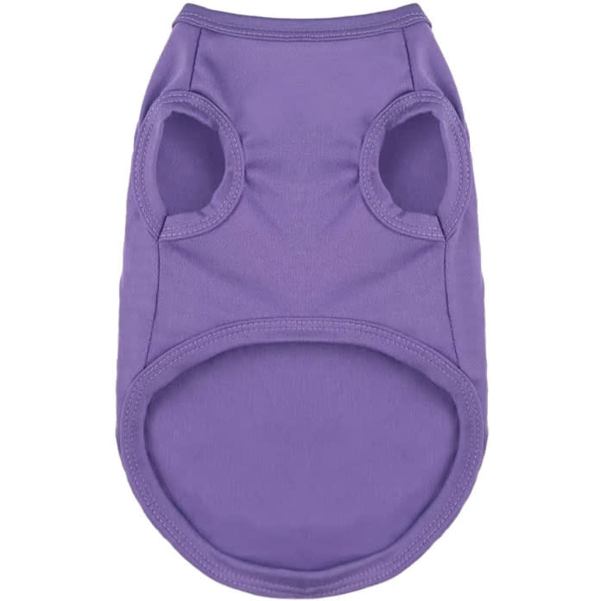 A purple two-legged polyester pet vest with arm openings and a rounded neckline, featuring a logo.