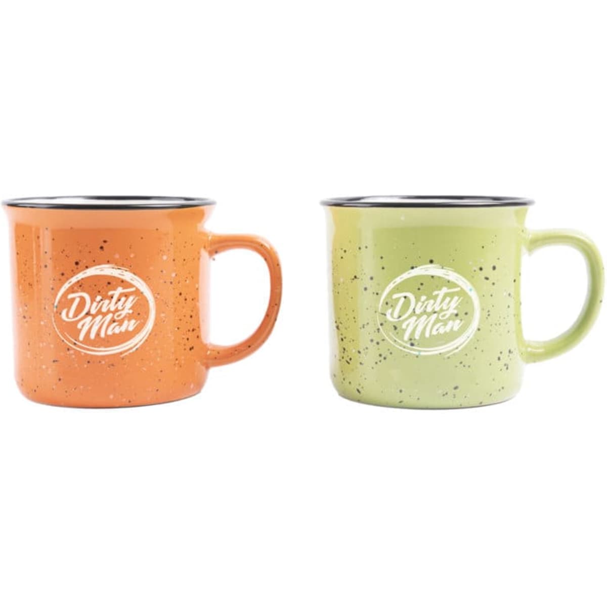 A set of two ceramic campfire mugs, one orange and one green, both featuring a logo.