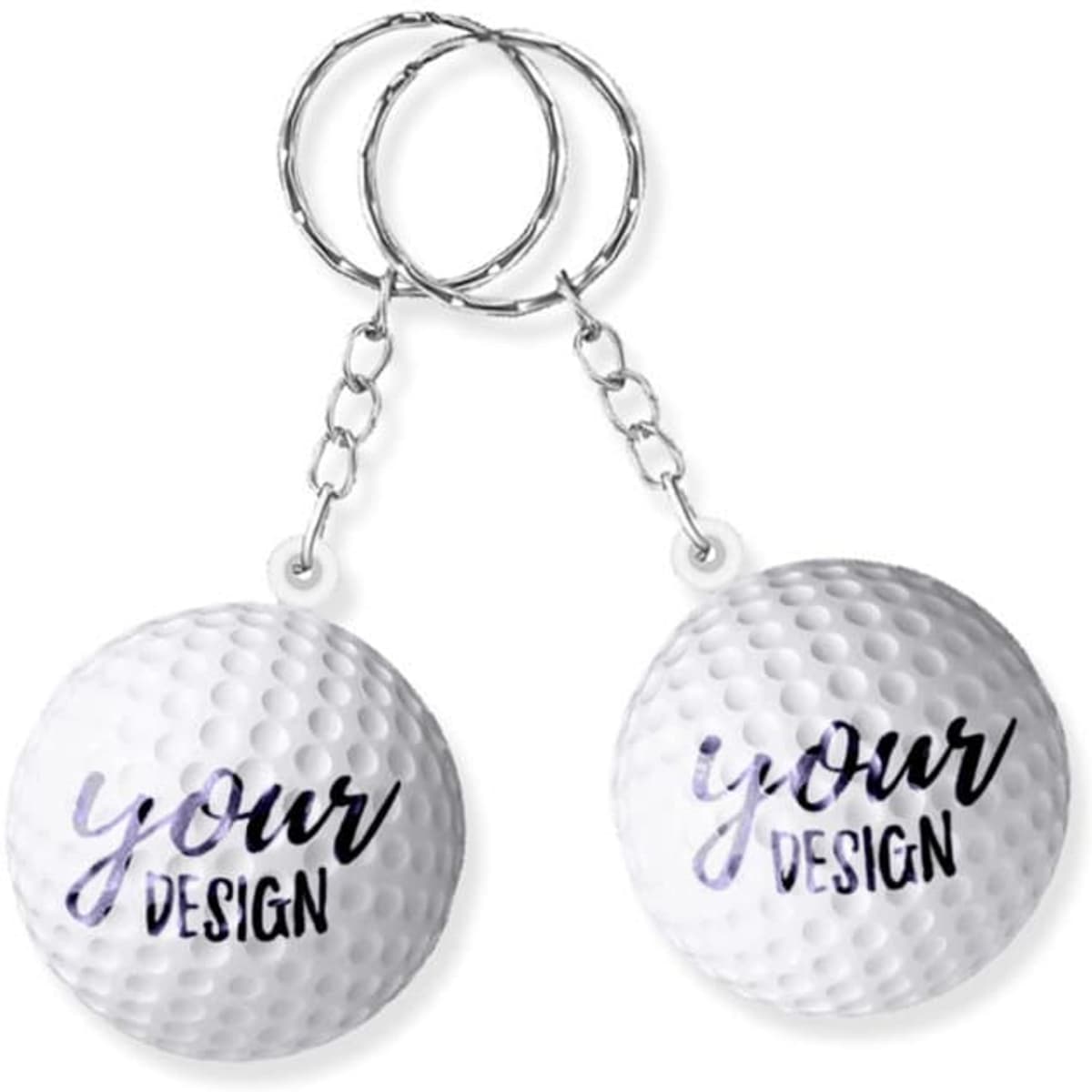 A white golf ball stress reliever key chain with two key rings attached. It features a design placeholder.