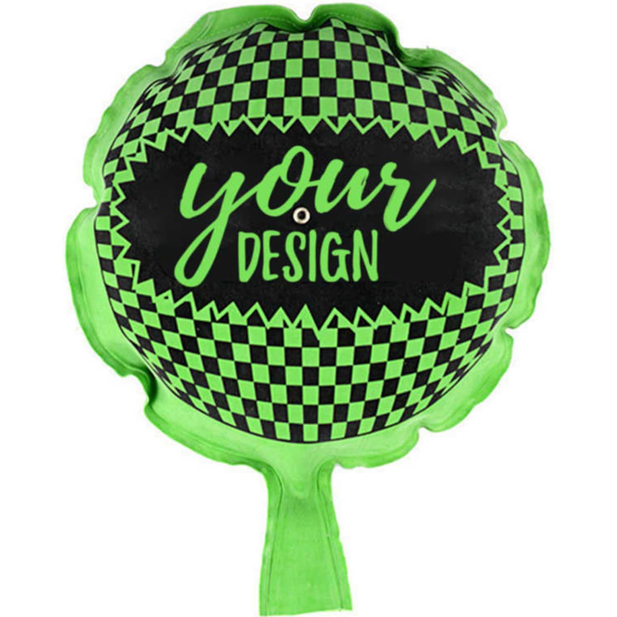 A 6-inch self-inflating whoopee cushion in green with a black checkered pattern and a customizable central area.