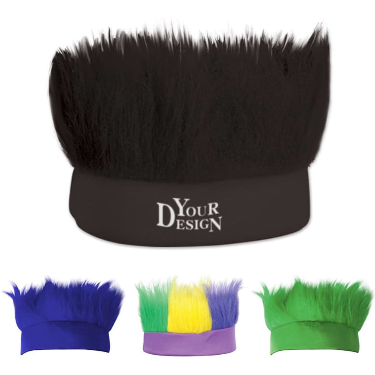 A promotional crazy fan wig with headband, featuring bright colours including purple, green, blue, and yellow.