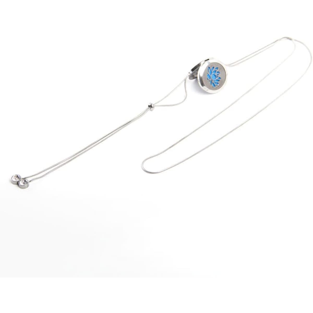 Stainless steel pendant necklace with a decorative blue design, featuring a long adjustable chain.