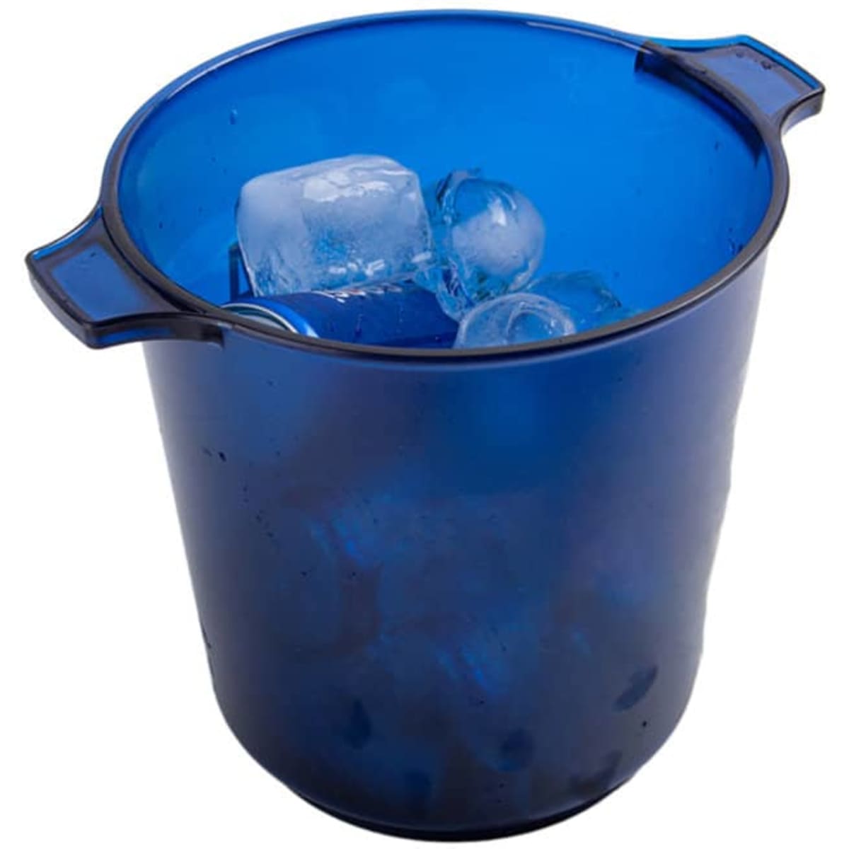 A blue ice bucket with a handle, filled with ice cubes, suitable for leisure and outdoor activities.
