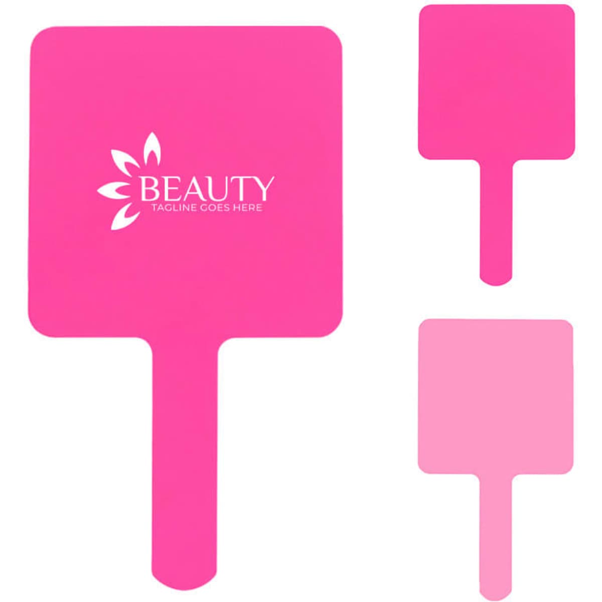 A pink square handle makeup mirror with a logo, displayed in three sizes.