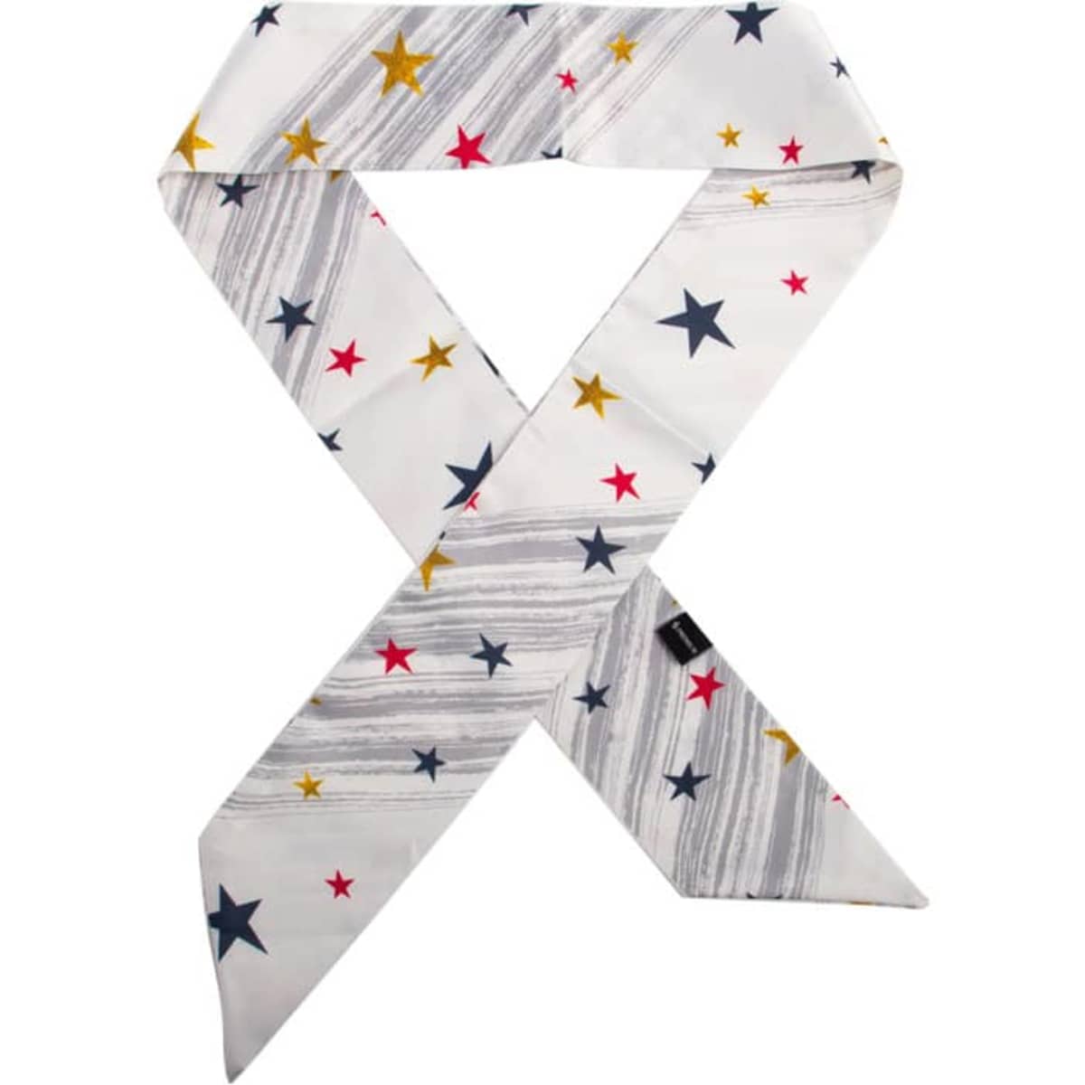 A custom skinny hair scarf featuring a white background with colourful stars in red, yellow, and navy.