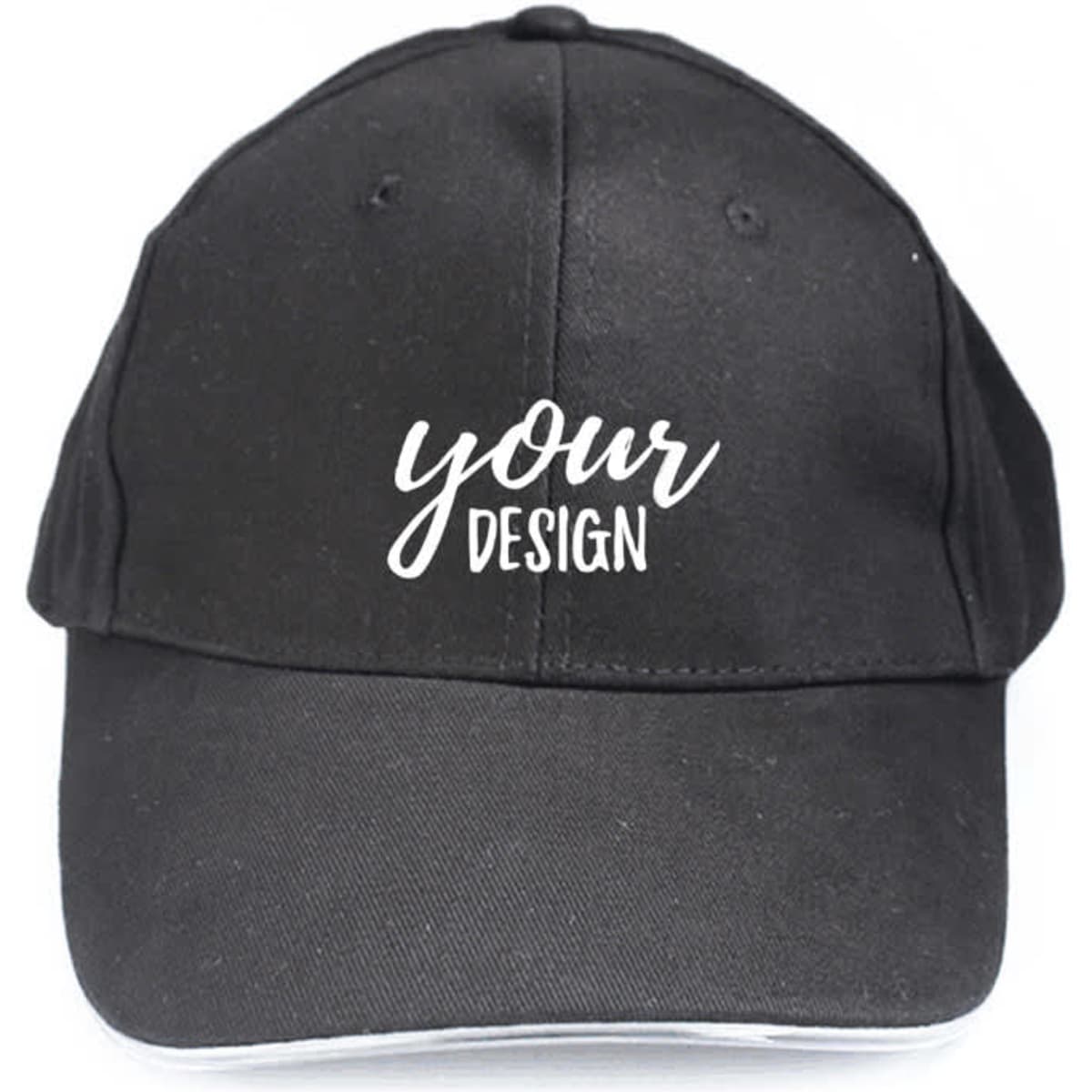 A black baseball cap featuring a personalised design and a small logo on the front.