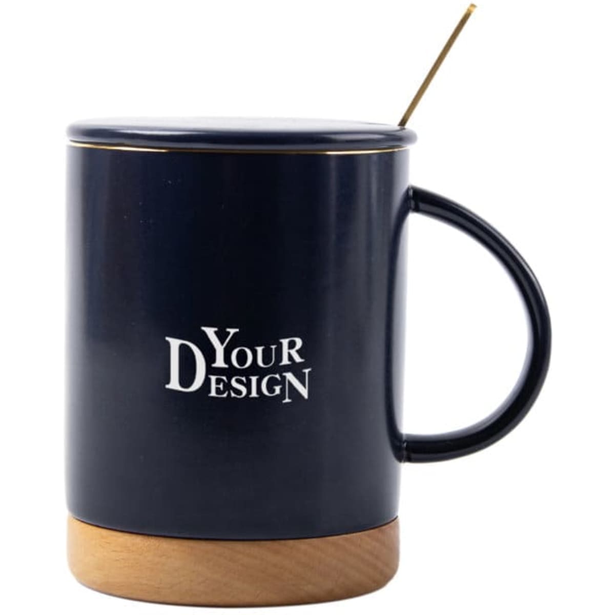 A navy ceramic mug with a wood bottom, lid, and a gold spoon, featuring a branded design.