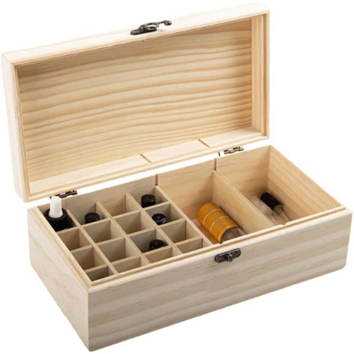 A wooden essential oil storage case with 18 slots, featuring a natural wood finish and a hinged lid.