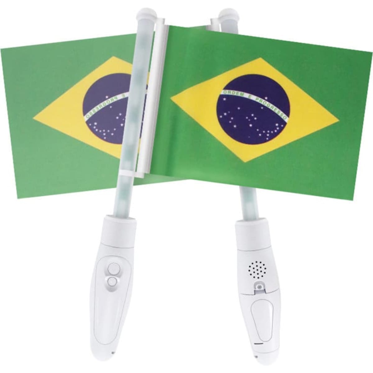 Luminous light-up LED hand waving flags featuring the Brazilian flag, with white handles and lights.