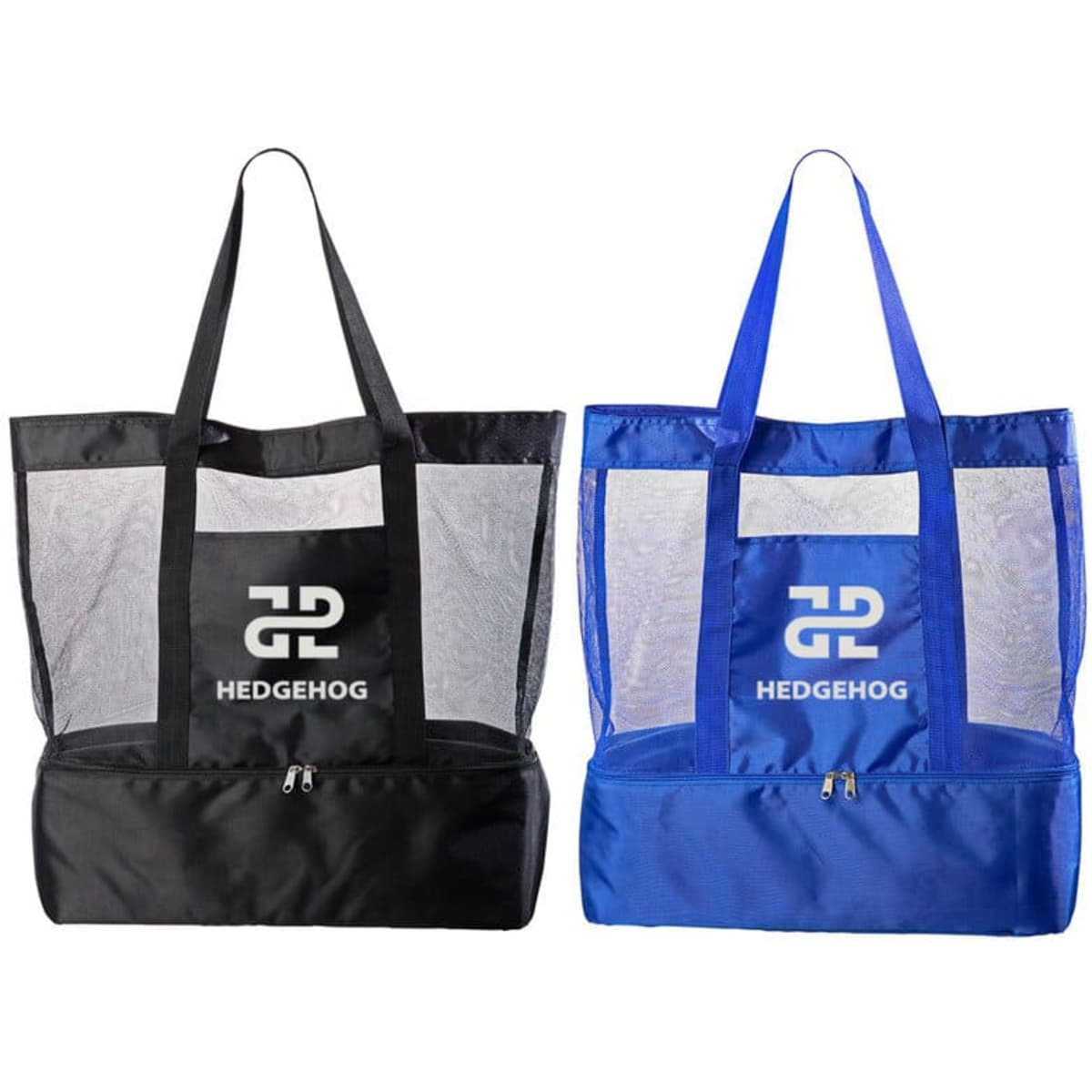 A large custom mesh beach bag in black and blue, featuring a logo on the front and zippered compartments.
