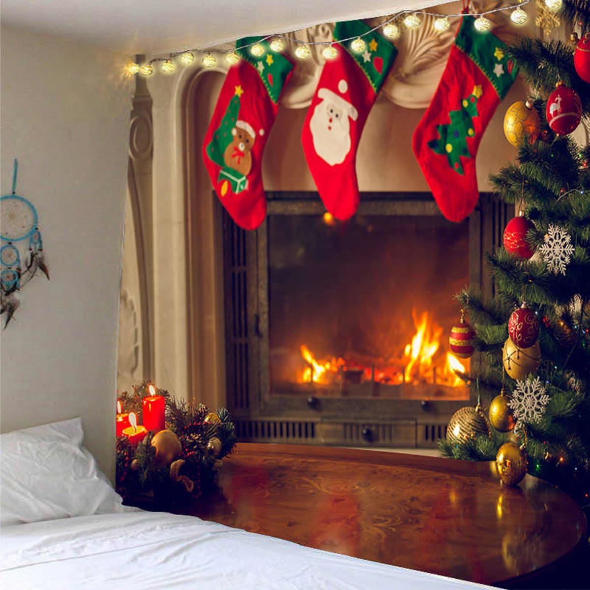 A festive decorative backdrop featuring a fireplace, stockings, a Christmas tree, and holiday ornaments in red and gold.