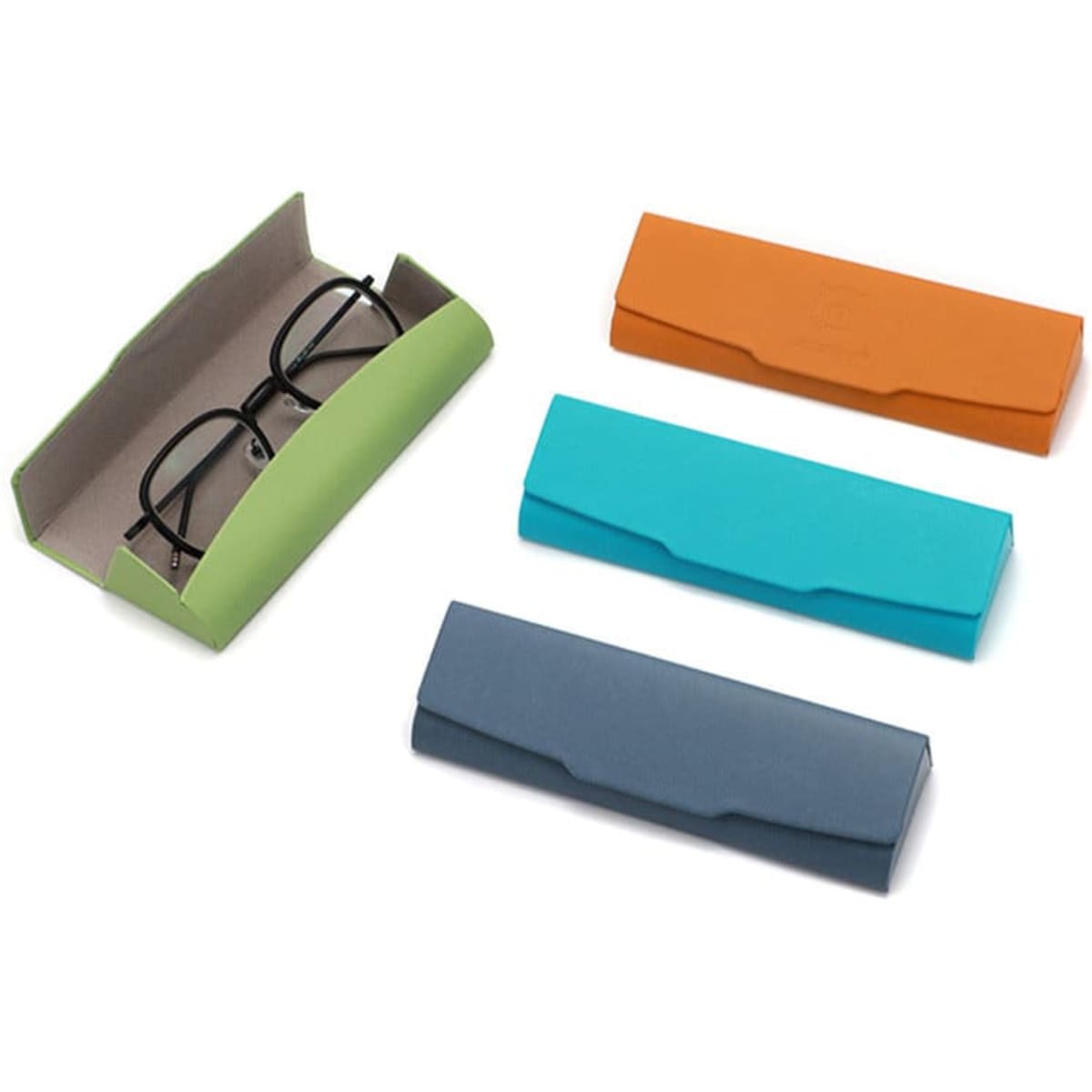 A foldable glasses case set in green, orange, turquoise, and navy, housing a pair of glasses inside one case.