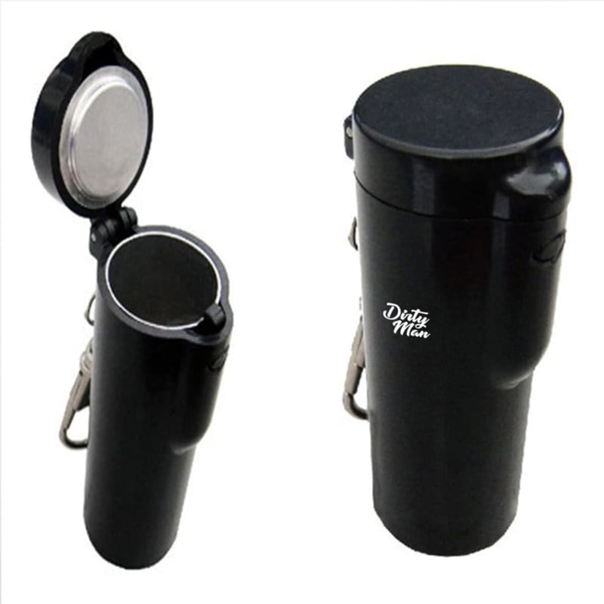 A black outdoor mini metal ashtray keychain with a lid and a carabiner clip. Features a silver interior.