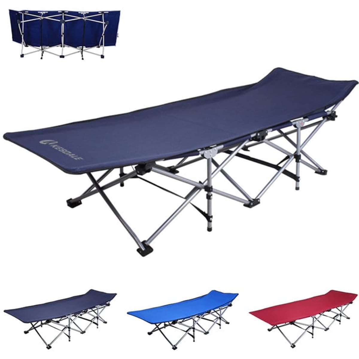 A folding bed in various colours, including navy, blue, and red, with a sturdy aluminium frame and branding.