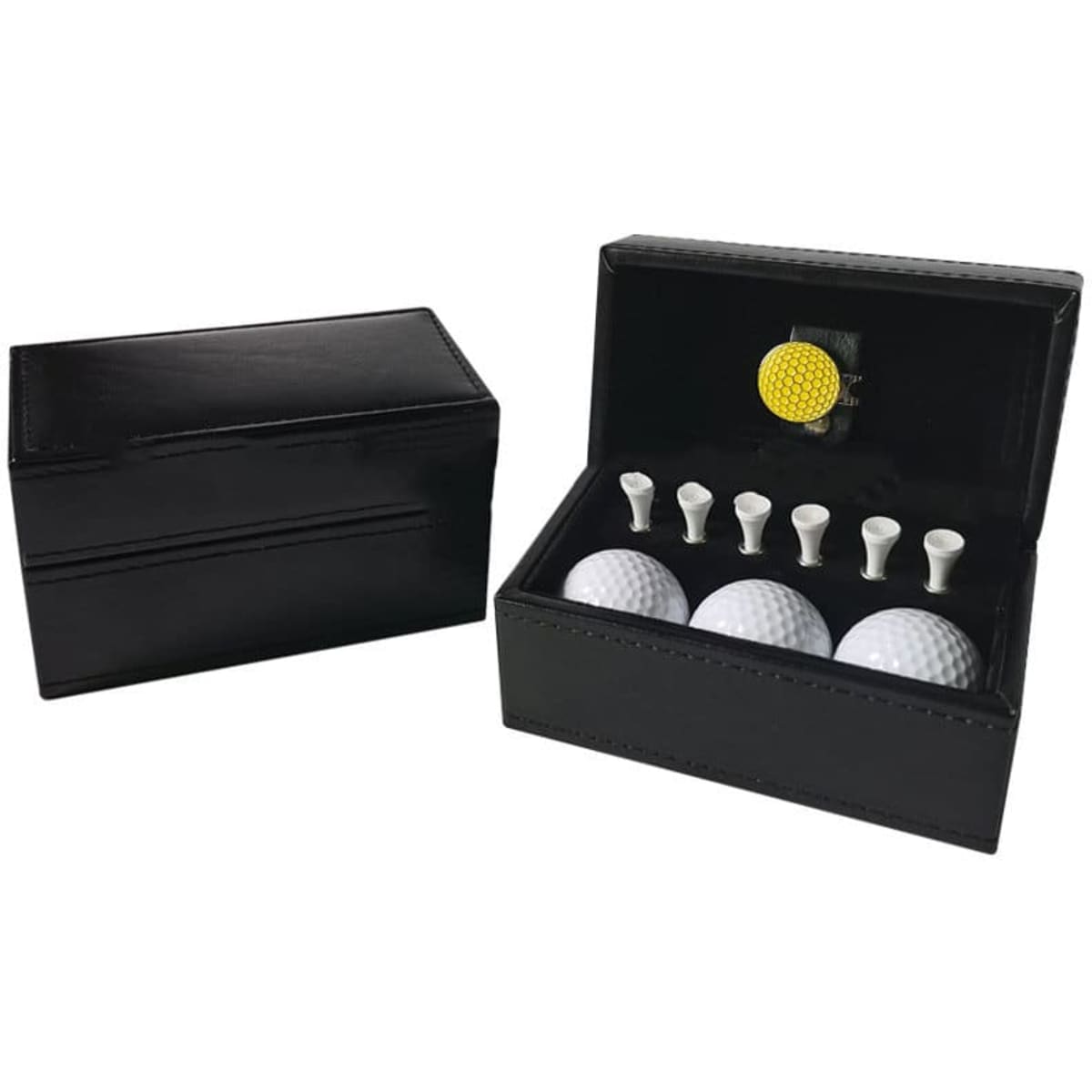 A black leather box containing three white golf balls, a yellow golf ball, and five white tees.