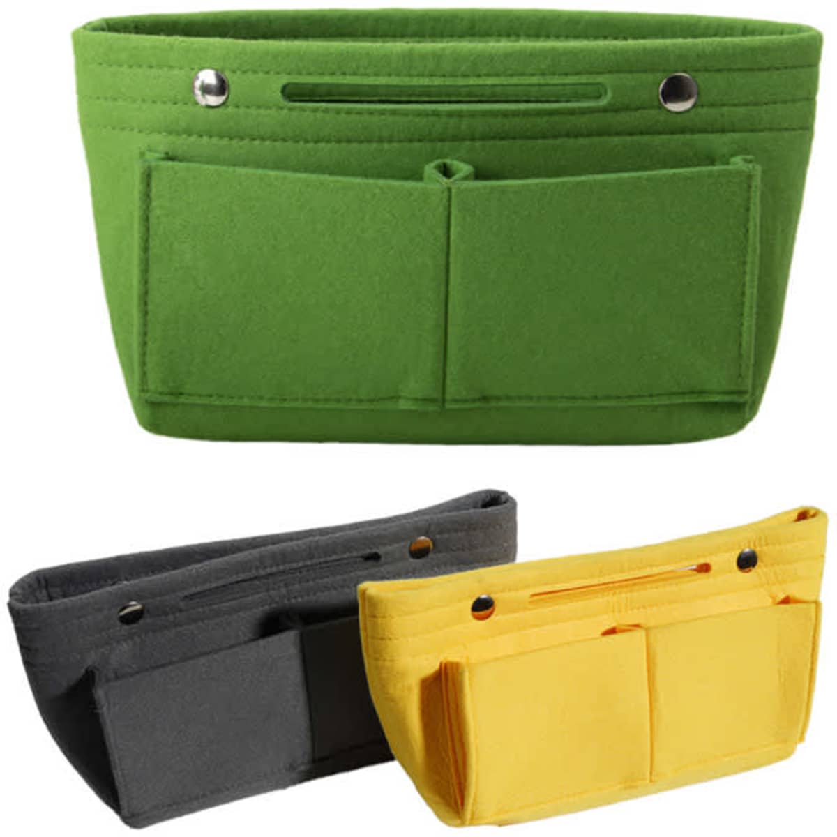 A multi-pocket felt insert purse organiser in green, grey, and yellow, featuring various compartments and a logo.