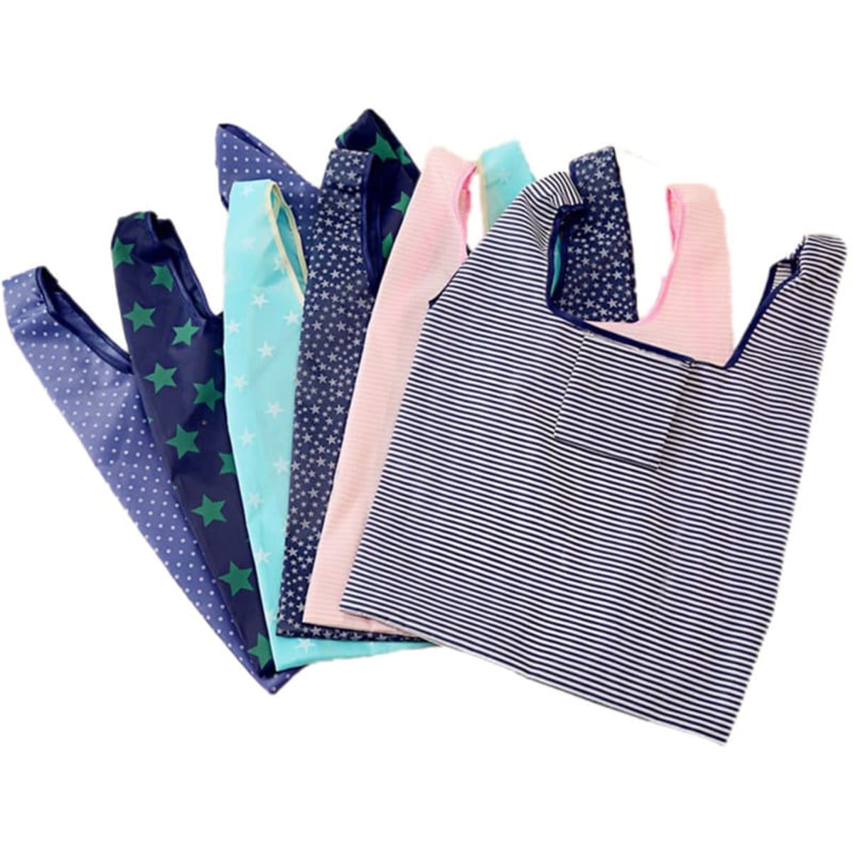 A collection of foldable reusable grocery bags in various colours and patterns, including stripes, stars, and solids.