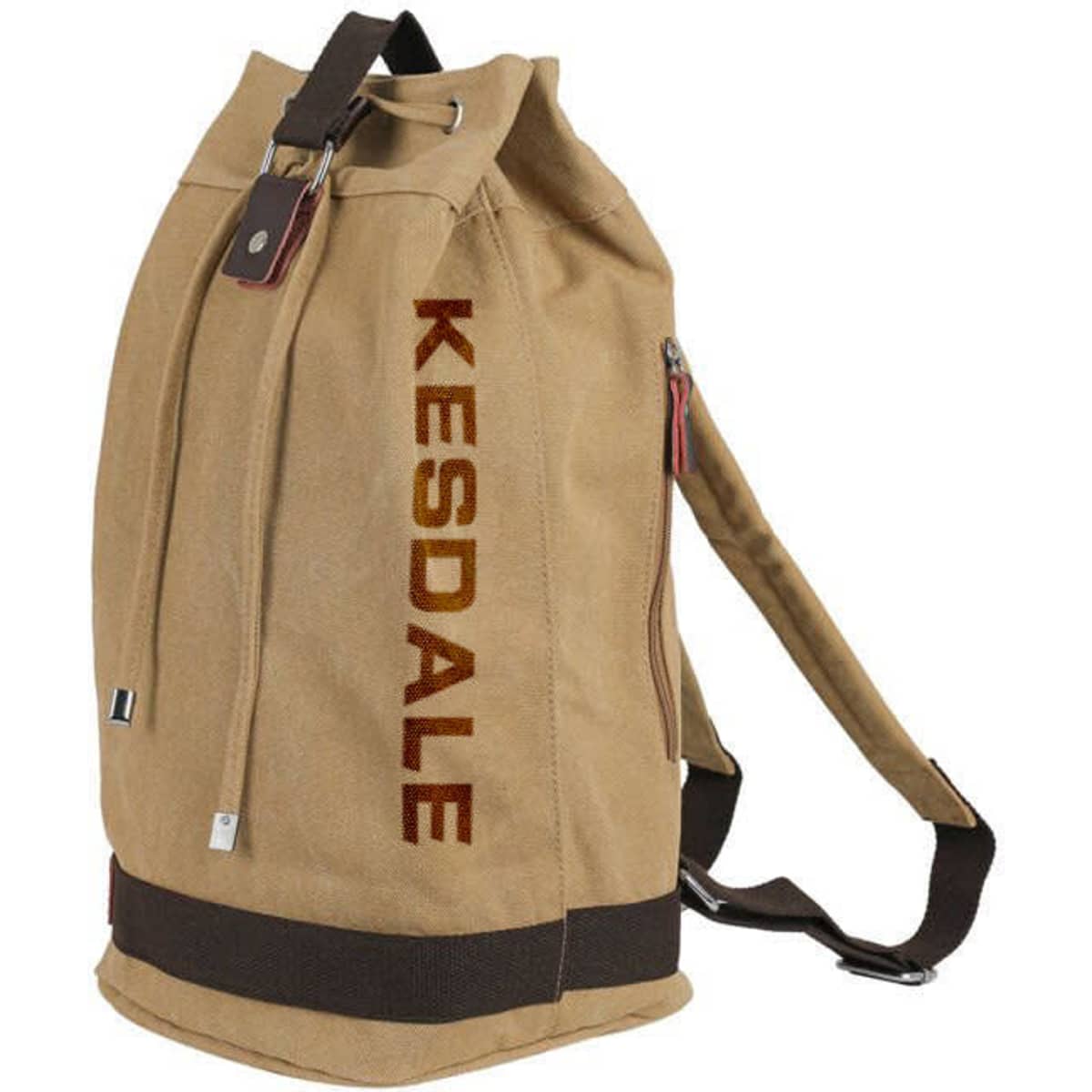 A tan canvas drawstring bucket backpack with a distinctive logo and adjustable straps. Features side zip pocket.