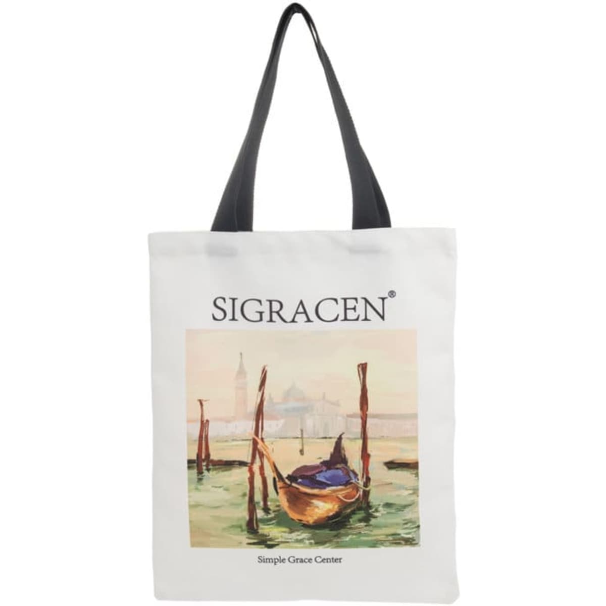 A customizable canvas tote bag in white with black straps, featuring an artistic design and a logo.