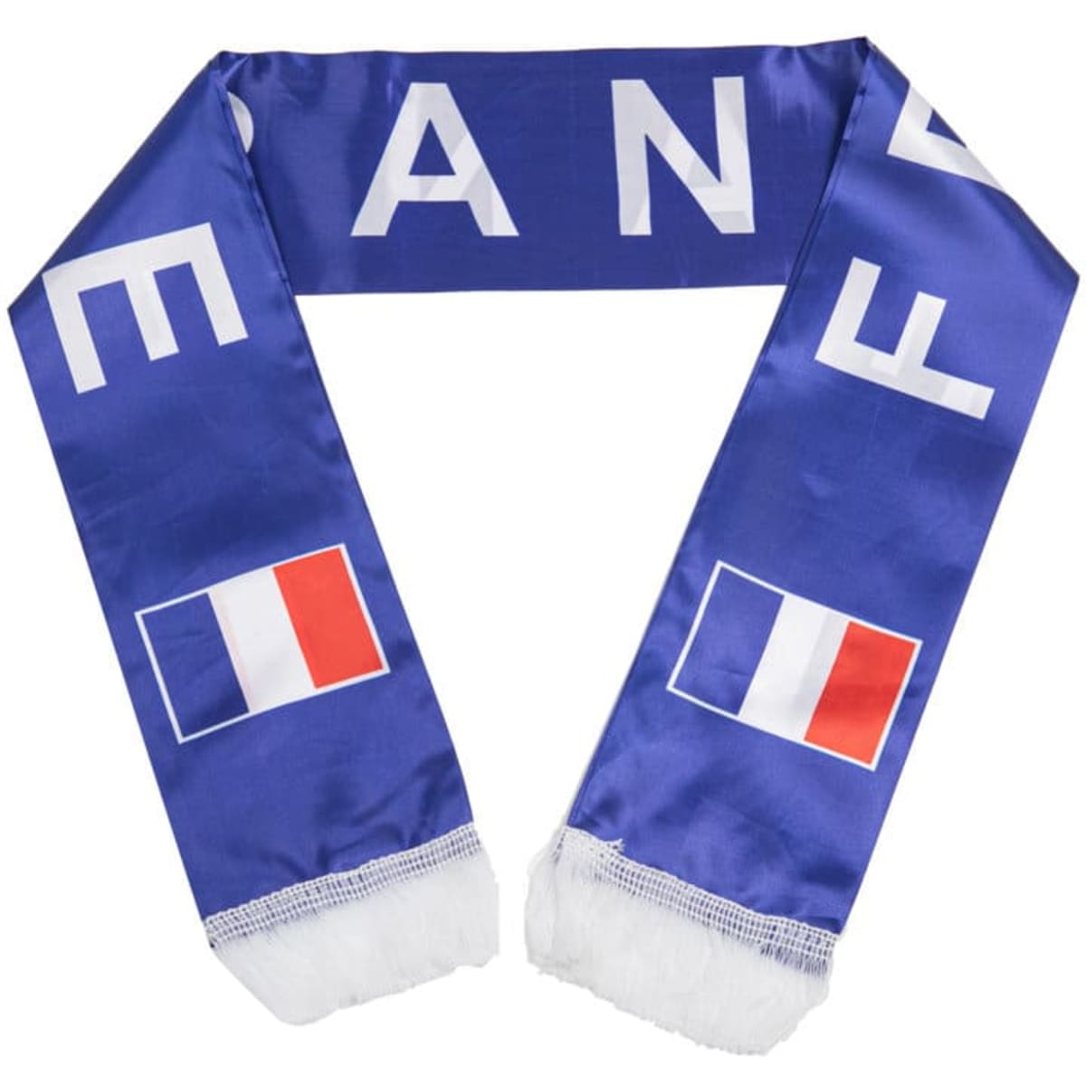 A custom satin fan scarf in blue, featuring white lettering and flags on both ends. It has a fringed edge.
