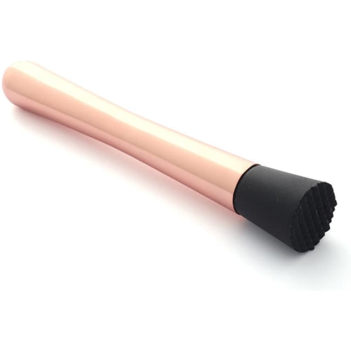 A stainless steel crushed popsicle maker in a rose gold finish with a black rubber end. Features a branding logo.