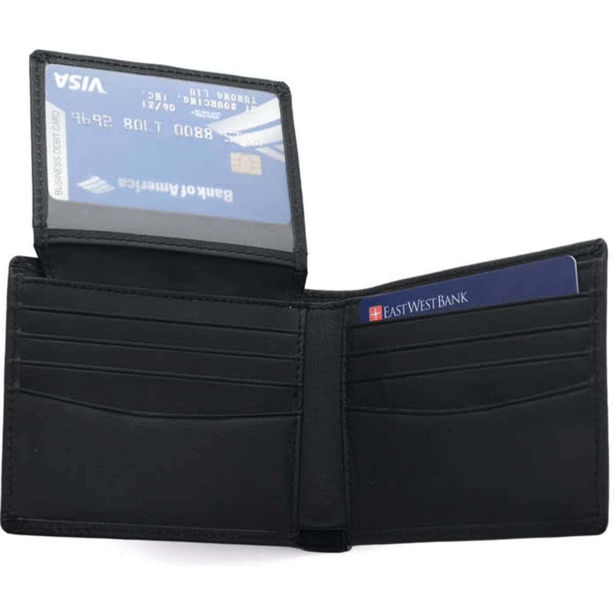 A black men's genuine leather wallet with card slots and a transparent ID window.