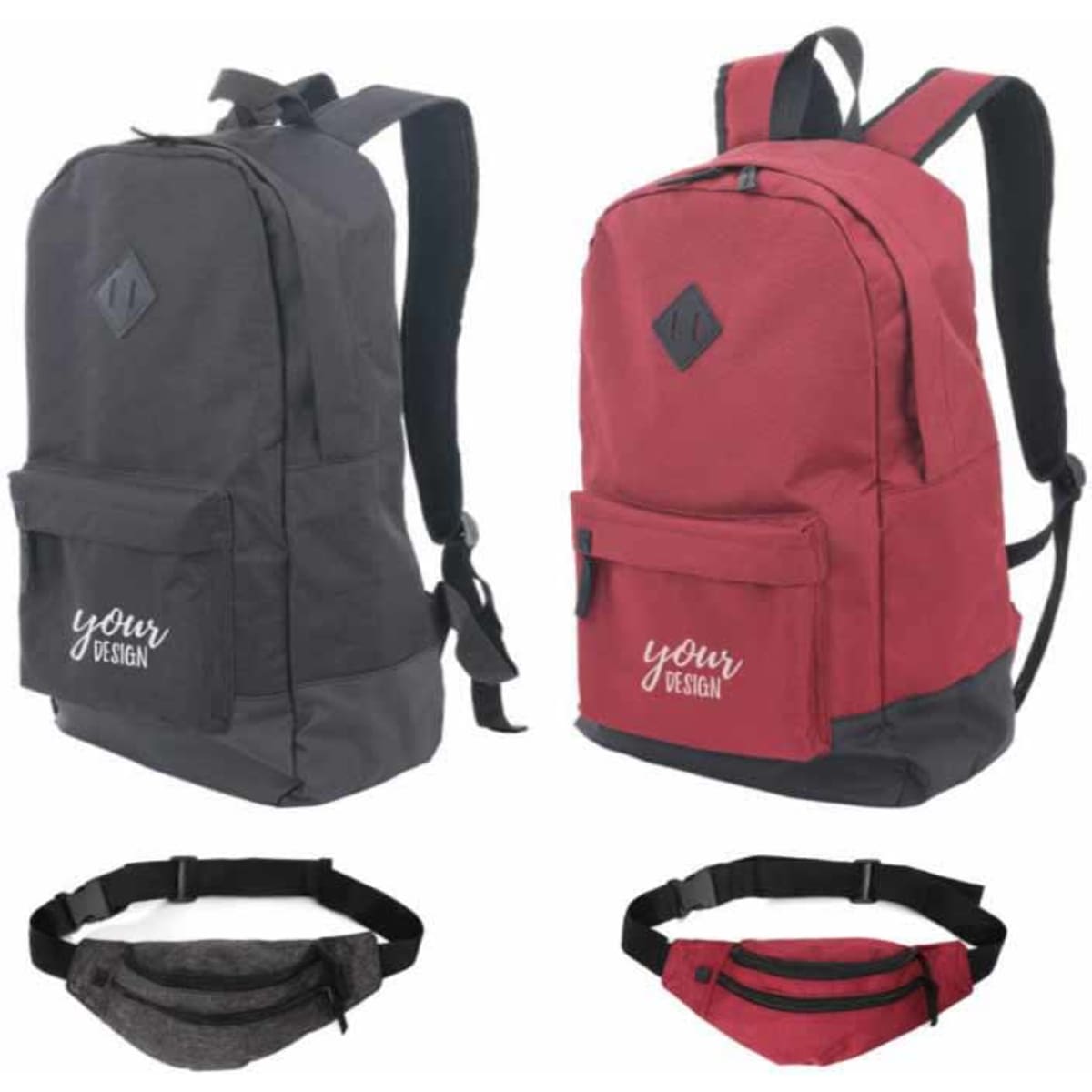 RPET polyester backpack in charcoal and red, accompanied by a grey and red fanny pack, both featuring a logo.