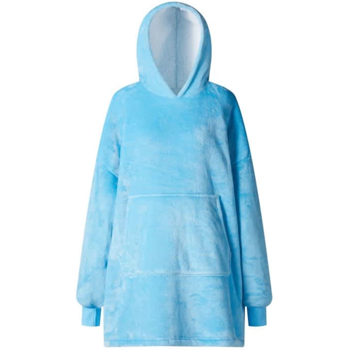 A flannel hoodie in a soft, light blue colour featuring a front pocket and a hood. It has a logo on the design.