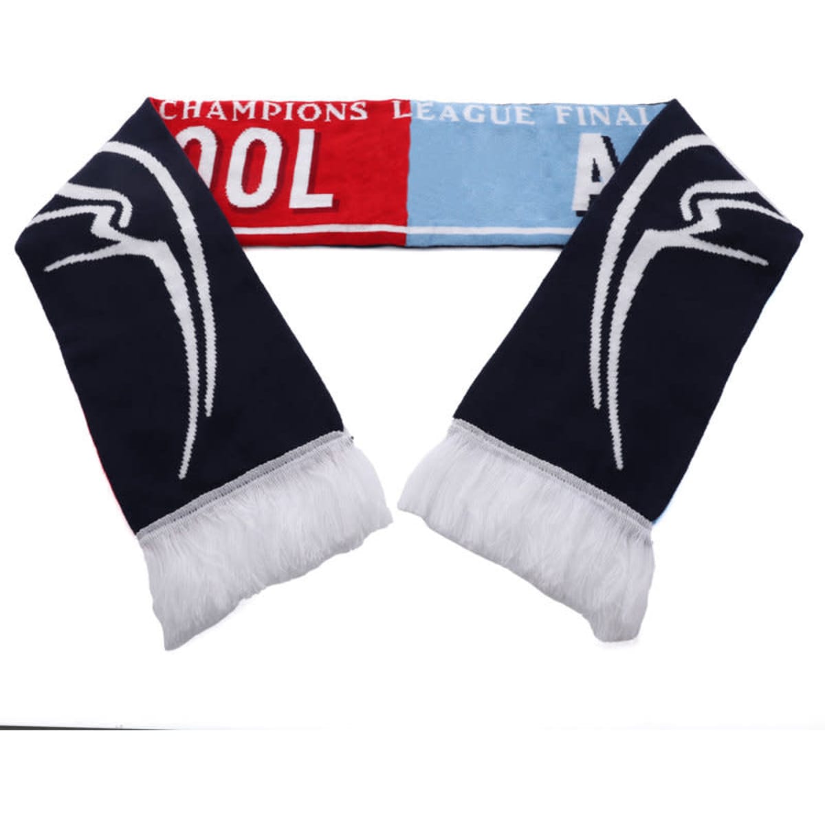 A custom knitted fan scarf with red, blue, and black sections, featuring a logo and frayed edges.