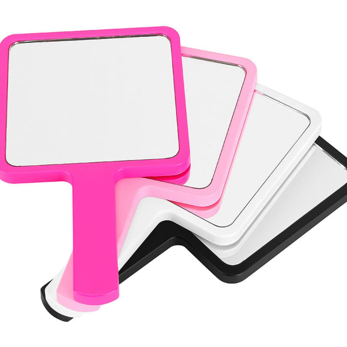 A set of big square mirrors with handles in pink, light pink, black, and white. Each mirror has a simple, sleek design.