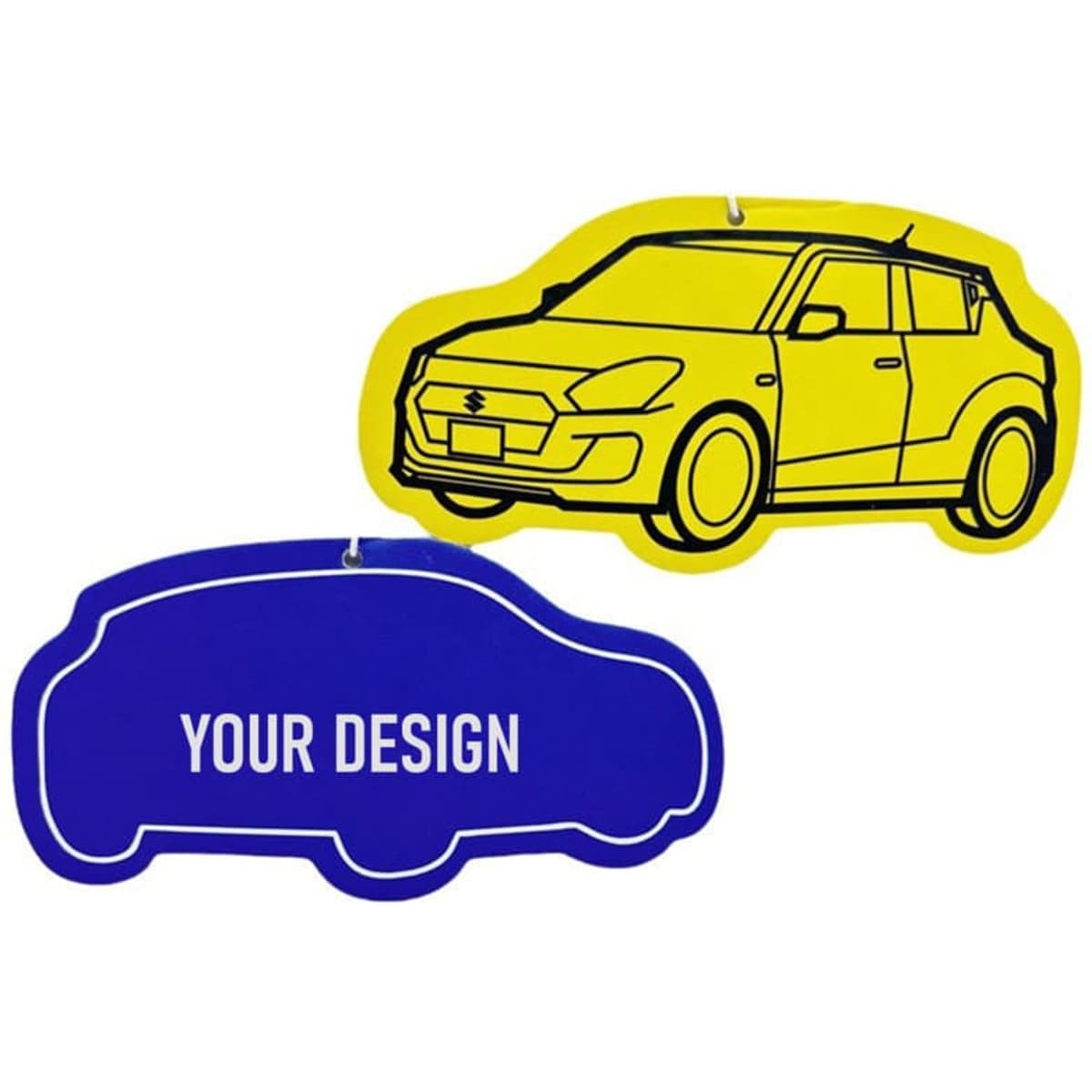 A yellow and blue car-shaped air freshener featuring a simple outline design, suitable for customisation.