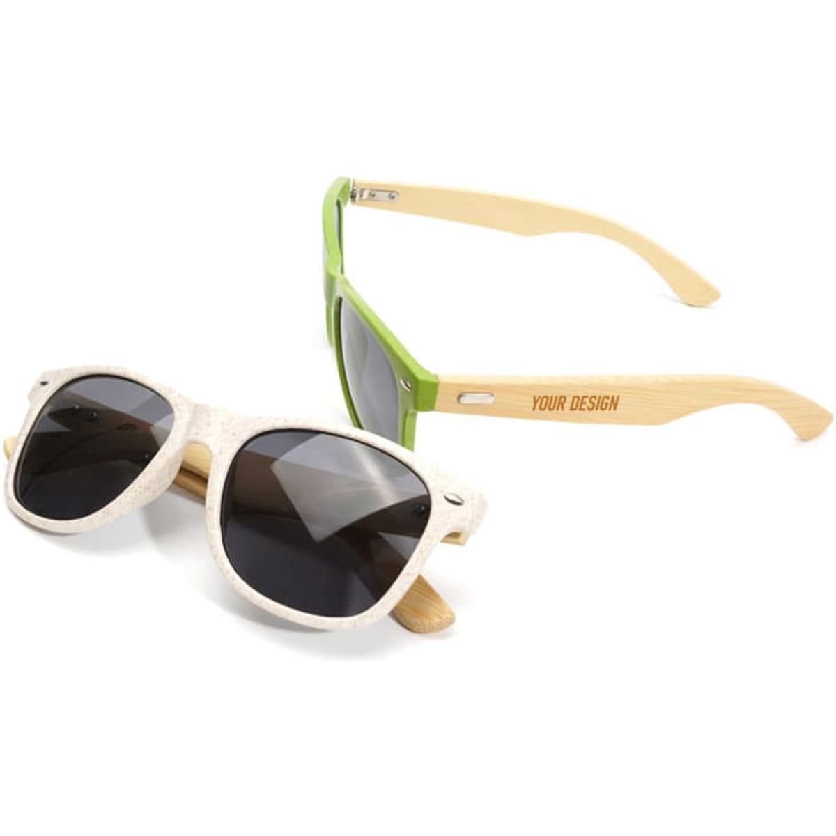 Two pairs of sunglasses, one with bamboo temples and green accents, the other with cream frames and dark lenses.