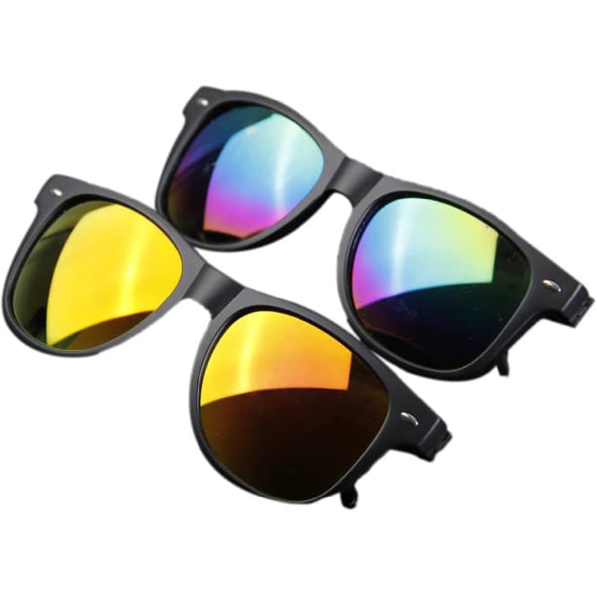 Unisex custom sunglasses in black with mirrored lenses featuring vibrant hues of yellow and blue. Includes a logo.