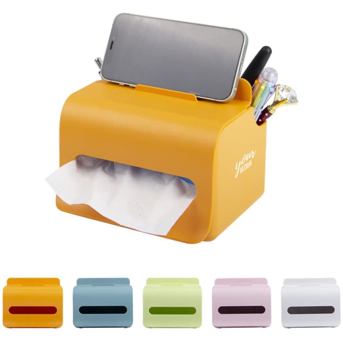 An orange multifunctional tissue box with a slot for a phone and compartments for pens, alongside four additional colour options.