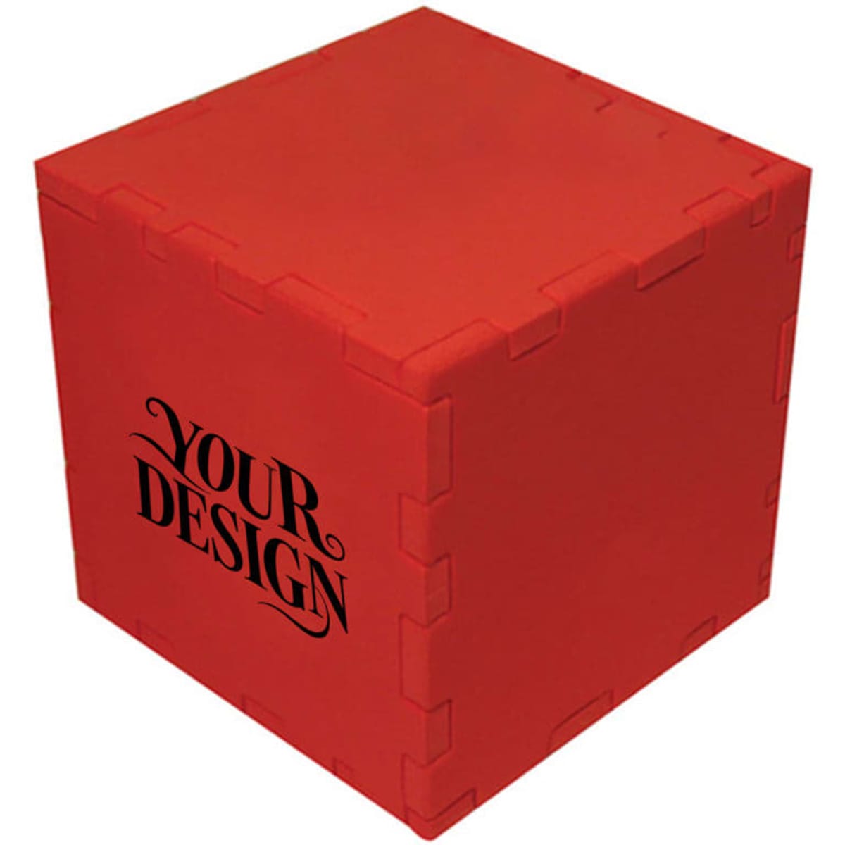 A large red foam cube with a logo on one side, designed for leisure and outdoor activities.